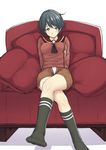  anza_tomo bad_id bad_pixiv_id black_hair blush breasts couch crossed_legs highres kantai_collection looking_at_viewer medium_breasts mogami_(kantai_collection) no_shoes open_clothes open_fly open_shorts short_hair shorts sitting smile socks solo unzipped 