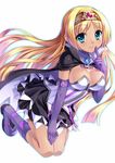  aqua_eyes black_skirt blonde_hair boots breasts bucchake_(asami) cape claire_(hihouden) cleavage elbow_gloves full_body gem gloves hairband hihouden index_finger_raised large_breasts long_hair purple_footwear skirt smile solo white_background 