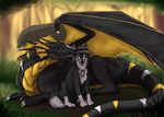  black_scales canine digitigrade dragon duo feral forest hat licking mammal necklace outside sitting size_difference syrinoth tongue tongue_out tree wings wolf yellow_eyes 