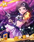  artist_request beamed_eighth_notes belt brown_eyes brown_hair card_(medium) character_name character_signature dual_wielding earrings fingerless_gloves gloves gun hair_ornament hairclip handgun holding idolmaster idolmaster_million_live! jewelry kitazawa_shiho long_hair looking_at_viewer midriff musical_note navel official_art open_mouth revolver skirt solo_focus weapon 