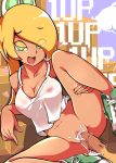  1up blonde_hair blush breasts cleavage clitoris clothed_sex collarbone covered_nipples cum cum_in_pussy erect_nipples eyebrows_visible_through_hair gokuu_(acoloredpencil) green_eyes green_footwear hand_on_own_thigh heart highres koopa_troopa long_hair mario_(series) medium_breasts midriff navel nintendo no_panties open_mouth overflow penis personification pussy seductive_smile sex shoes sitting sleeveless smile sneakers solo speech_bubble spread_legs straight_hair tank_top thigh_grab vaginal 
