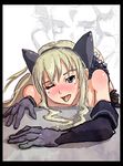  :o ;p animal_ears bare_shoulders black_gloves blonde_hair blue_eyes cat_ears crawling drawfag druaga_no_tou elbow_gloves fatina gloves long_hair looking_at_viewer muffy non-web_source one_eye_closed open_mouth sex simple_background solo_focus sweat tongue tongue_out upper_body white_background wince 