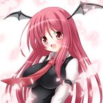  bat_wings blush breasts fang head_wings impossible_clothes koakuma large_breasts long_hair necktie open_mouth osashin_(osada) red_eyes red_hair red_neckwear smile solo touhou vest wings 