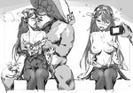  1girl bad_id bad_pixiv_id breast_grab breasts camera drooling fat fat_man french_kiss grabbing greyscale haruna_(kantai_collection) hat headdress hetero hjl kantai_collection kiss large_breasts monochrome nipples pectorals petite recording saliva shinkaisei-kan size_difference thighhighs wo-class_aircraft_carrier 
