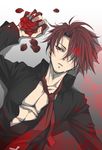  black_battler flower hair_over_one_eye lying male_focus necktie on_back open_clothes open_shirt petals red_eyes red_hair rose shirt slit_pupils sousui_hani tears umineko_no_naku_koro_ni ushiromiya_battler 