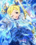 ;d arrow artist_request blonde_hair bow_(weapon) detached_sleeves dress emily_stewart hairband idolmaster idolmaster_million_live! long_hair looking_at_viewer official_art one_eye_closed open_mouth purple_eyes smile twintails underwater weapon 