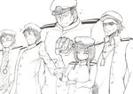  1girl 4boys admiral_(kantai_collection) anger_vein borrowed_character collarbone commentary_request crossover female_admiral_(kantai_collection) glasses group_picture group_profile hat jacket jewelry kantai_collection lineup long_hair long_sleeves mask military military_hat military_uniform multiple_boys naval_uniform necklace open_clothes open_jacket open_mouth peaked_cap pendant profile simple_background sketch sukage sunglasses sweatdrop unbuttoned uniform upper_body very_long_hair white_background 