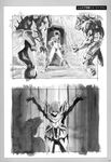  1girl 3boys 80s armor bikini_armor concept_art legend_of_lemnear lemnear monochrome multiple_boys oldschool production_art storyboard urushihara_satoshi 