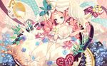  blue_eyes breasts cherrypin cleavage dress flower gown heart long_hair medium_breasts milk original pink_hair solo 