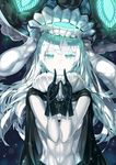  cape fingersmile gloves glowing glowing_eyes green_eyes hat highres kantai_collection leung_ka_che long_hair navel open_mouth pale_skin shinkaisei-kan smile solo teeth wo-class_aircraft_carrier 
