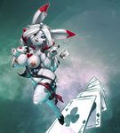  breasts cards clothed clothing female fishnet lagomorph looking_at_viewer mammal nipple_piercing nipples piercing pussy rabbit skimpy solo 