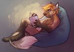  book canine cherrybox crossed_legs fluffy_tail fox hair kyell_gold lying male mammal markings nude on_back out_of_position pillow reading side_view socks_(marking) solo 