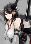  bare_shoulders black_hair breasts cannon detached_sleeves fusou_(kantai_collection) hair_ornament highres japanese_clothes kantai_collection kyouya_(mukuro238) large_breasts long_hair nontraditional_miko orange_eyes pagoda solo turret weapon 