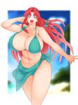  1girl bikini blue_eyes braid breasts cleavage collarbone female ginnyo hair_ribbon hong_meiling huge_breasts long_hair navel open_mouth outdoors outside red_hair ribbon shiny shiny_skin smile solo swimsuit thighs touhou 