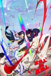  absurdres battle black_hair blue_eyes boots cloud copyright_name debris duel epaulettes high_heels highres junketsu katana kill_la_kill kiryuuin_satsuki long_hair long_sleeves matoi_ryuuko meer_rowe multicolored_hair multiple_girls red_hair school_uniform scissor_blade senketsu short_hair skirt sly sparkle suspenders sword thigh_boots thighhighs two-tone_hair weapon 