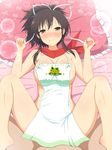  apron asuka_(senran_kagura) blush breasts brown_eyes brown_hair clothed_sex frilled_pillow frills hair_ribbon highres implied_sex large_breasts long_hair long_legs looking_at_viewer lying naked_apron on_back on_bed pillow ponytail pov red_scarf ribbon scarf senran_kagura senran_kagura_shoujo-tachi_no_shin'ei smile solo_focus spread_legs yaomai 