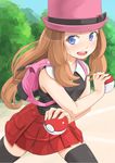  backpack bag black_legwear blue_eyes brown_hair cowboy_shot hat holding holding_poke_ball long_hair looking_at_viewer miri_(ago550421) open_mouth poke_ball poke_ball_(generic) pokemon pokemon_(anime) pokemon_(game) pokemon_xy serena_(pokemon) skirt sleeveless solo thighhighs zettai_ryouiki 