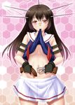  ayato belt belt_removed black_hair breasts choukai_(kantai_collection) glasses hair_ornament hex_grid highres kantai_collection large_breasts long_hair midriff navel pleated_skirt red_eyes school_uniform skirt solo underboob undressing 