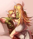  1girl blonde_hair caesar_anthonio_zeppeli couch dual_persona facial_mark feathers fingerless_gloves genderswap genderswap_(mtf) girl_on_top gloves green_eyes green_jacket hair_feathers headband highres jacket jojo_no_kimyou_na_bouken long_hair ruukii_drift selfcest sitting sitting_on_lap sitting_on_person straddling upright_straddle winged_hair_ornament 