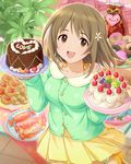  blueberry bob_cut brown_eyes brown_hair cake candy cardigan checkerboard_cookie cherry chocolate chocolate_cake cookie cream dish doughnut flower food from_above fruit gift hair_flower hair_ornament heart idolmaster idolmaster_cinderella_girls jam_cookie jpeg_artifacts kiwifruit looking_at_viewer mimura_kanako miniskirt official_art pastry pleated_skirt raspberry skirt smile solo strawberry strawberry_shortcake valentine 