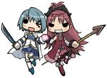  bad_id bad_pixiv_id blue_hair blue_skirt blush dress grin highres holding holding_sword holding_weapon lance long_hair looking_at_viewer magical_girl mahou_shoujo_madoka_magica miki_sayaka multiple_girls open_mouth polearm ponytail rctr red_dress red_hair sakura_kyouko short_hair simple_background skirt smile spear surcoat sword teeth twintails weapon white_background 
