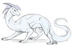  amber_eyes blue_body blue_scales blue_skin claws digitigrade dragon feral looking_at_viewer male monochrome nude plain_background scalie sheath sheathe sketch slit_pupils solo syrinoth toe_claws white_background 