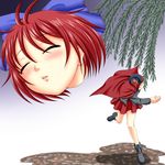  blush boots bow cape closed_eyes commentary disembodied_head gradient gradient_background hair_bow incoming_kiss lips miniskirt pun red_hair sekibanki shiba_meiji short_hair skirt solo throwing touhou 