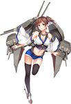  absurdres adapted_costume alternate_costume alternate_weapon black_legwear blush breasts brown_eyes brown_hair cannon cleavage collarbone detached_sleeves highres kaga_(battleship) kaga_(kantai_collection) kantai_collection large_breasts midriff navel short_hair short_shorts shorts side_ponytail solo thighhighs turret weapon white_background wide_sleeves zi_se 