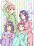  black_hair blue_eyes blue_hair brown_eyes brown_hair folded_hair hacco hair_rings hiradaira_chisaki hisanuma_sayu long_hair mukaido_manaka multiple_girls nagi_no_asukara pajamas shiodome_miuna twintails 