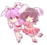 akira_unoie animal_ears armband black_hair bunny_ears carrot chibi dress dress_shirt frown hand_on_hip inaba_tewi index_finger_raised jewelry lavender_hair long_hair long_sleeves looking_at_viewer multiple_girls one_eye_closed open_mouth outline pendant pleated_skirt puffy_short_sleeves puffy_sleeves red_eyes reisen_udongein_inaba shirt short_hair short_sleeves simple_background skirt tie_clip touhou white_background 