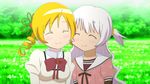  blonde_hair blush cheek-to-cheek drill_hair highres long_hair luminous_(madoka_magica) magical_girl mahou_shoujo_madoka_magica mahou_shoujo_madoka_magica_movie momoe_nagisa multiple_girls parody school_uniform short_hair smile tobarin tomoe_mami twintails 