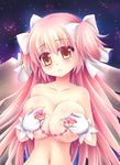  1girl blush breasts brown_eyes female gloves kaname_madoka lactation large_breasts linked_piercing linked_piercings long_hair looking_at_viewer mahou_shoujo_madoka_magica navel nipple_chain nipple_piercing nipples nude piercing pink_hair skf solo tears ultimate_madoka 