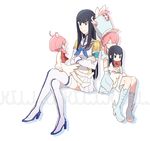  black_hair boots bow child crossed_arms crossed_legs dress epaulettes hat jakuzure_nonon junketsu kill_la_kill kiryuuin_satsuki long_hair monokuro_(snog) multiple_girls pink_hair shako_cap short_hair sitting sitting_on_lap sitting_on_person thigh_boots thighhighs time_paradox younger 