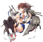  absurdres adapted_costume alternate_costume alternate_weapon black_legwear blush breasts brown_eyes brown_hair cannon detached_sleeves highres kaga_(battleship) kaga_(kantai_collection) kantai_collection medium_breasts short_hair short_shorts shorts side_ponytail solo thighhighs torn_clothes turret underboob weapon white_background zi_se 