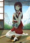  akagi_(kantai_collection) blush commentary_request eating food highres ilis kantai_collection long_hair muneate one_eye_closed onigiri sitting smile solo thighhighs wariza white_legwear 