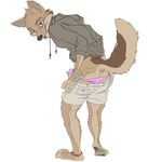  bulge canine clothing foxer421 hoodie looking_at_viewer looking_back male mammal panties pants pants_down solo underwear undressing 