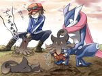  brown_hair calme_(pokemon) closed_eyes fangs gen_6_pokemon glasses greninja hat open_mouth pokemon pokemon_(creature) pokemon_(game) pokemon_xy pumpkaboo sleeping yatuzura 