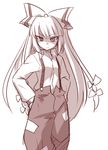  bow fujiwara_no_mokou hair_bow hands_in_pockets ikune_juugo long_hair looking_at_viewer monochrome simple_background solo suspenders touhou very_long_hair white_background 