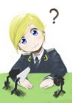  1girl :3 artist_request blonde_hair blue_eyes female head_tilt microphone natalia_poklonskaya necktie russia tie uniform 