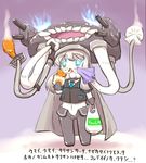  alternate_costume aqua_eyes bag baozi blush cannon cape food fried_chicken glowing glowing_eyes hat holding kantai_collection napkin necktie onigiri open_mouth pale_skin shinkaisei-kan short_hair silver_hair solo standing teeth translated triangle_mouth turret u-non_(annon'an) weapon wo-class_aircraft_carrier 