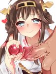  1boy 1girl bare_shoulders brown_hair hair_ornament handjob japanese_clothes kantai_collection knbilove kongou_(kantai_collection) long_hair penis simple_background solo_focus testicles uncensored veins veiny_penis white_background 