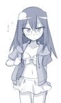  bad_id bad_pixiv_id blush breasts glasses ikune_juugo jacket long_hair looking_at_viewer monochrome navel simple_background small_breasts solo swimsuit white_background 