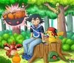  1boy alternate_costume bag black_hair bush cap corphish corpish denim forest handbag jeans nature nintendo no_hat pants pikachu pokemon pokemon_(anime) purse satoshi_(pokemon) shoes sitting smile spiked_hair taillow torchic torkoal tree treecko 