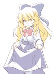  bad_id bad_pixiv_id blonde_hair blush bow drill_hair hair_bow ikune_juugo long_hair looking_at_viewer simple_background skirt skirt_hold smile solo white_background yellow_eyes 