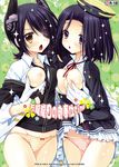  2girls :o araiguma asymmetrical_docking bangs black_gloves black_hair blush breast_grab breast_press breast_slip breasts breasts_outside buttons cameltoe cardigan checkered chestnut_mouth cover cover_page cowboy_shot doujin_cover doujinshi dress dress_lift dress_shirt eyepatch fingerless_gloves floral_background flower frills gloves grabbing grabbing_from_behind hairpods halo high_collar holding_hands interlocked_fingers kantai_collection looking_at_viewer mechanical_halo medium_breasts multiple_girls necktie nipples no_bra no_pants off_shoulder one_breast_out open_clothes open_mouth open_shirt orange_panties panties petticoat polka_dot polka_dot_background purple_eyes red_panties shirt short_hair sparkle standing striped striped_background striped_panties tatsuta_(kantai_collection) tenryuu_(kantai_collection) underwear uniform white_gloves yellow_eyes 