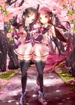  2girls :o alternate_eye_color alternate_hair_color bangs black_gloves black_hair black_legwear blurry cherry_blossoms commentary_request depth_of_field elbow_gloves full_body gloves gradient_hair kantai_collection long_hair looking_at_viewer multicolored_hair multiple_girls open_mouth orange_eyes outdoors pink_hair purple_eyes samidare_(kantai_collection) school_uniform serafuku sleeveless smile suzukaze_(kantai_collection) thighhighs very_long_hair zettai_ryouiki 