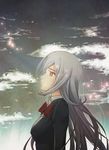  aila_jyrkiainen alternate_costume bow cloud grey_eyes gundam gundam_build_fighters long_hair long_sleeves petals school_uniform silver_hair sky slowpit solo 