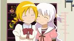  blonde_hair blush cheek-to-cheek drill_hair highres long_hair luminous_(madoka_magica) magical_girl mahou_shoujo_madoka_magica mahou_shoujo_madoka_magica_movie momoe_nagisa multiple_girls parody school_uniform short_hair smile tobarin tomoe_mami twintails 