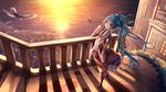  aquariumtama bag bird blue_hair boots cityscape feathers hair_ribbon hatsune_miku long_hair railing ribbon skirt solo stairs sunset very_long_hair vocaloid water 