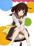  absurdres bag bakemonogatari brown_eyes brown_hair highres legs long_legs monogatari_(series) official_art school_uniform sengoku_nadeko serafuku short_hair sitting watanabe_akio 